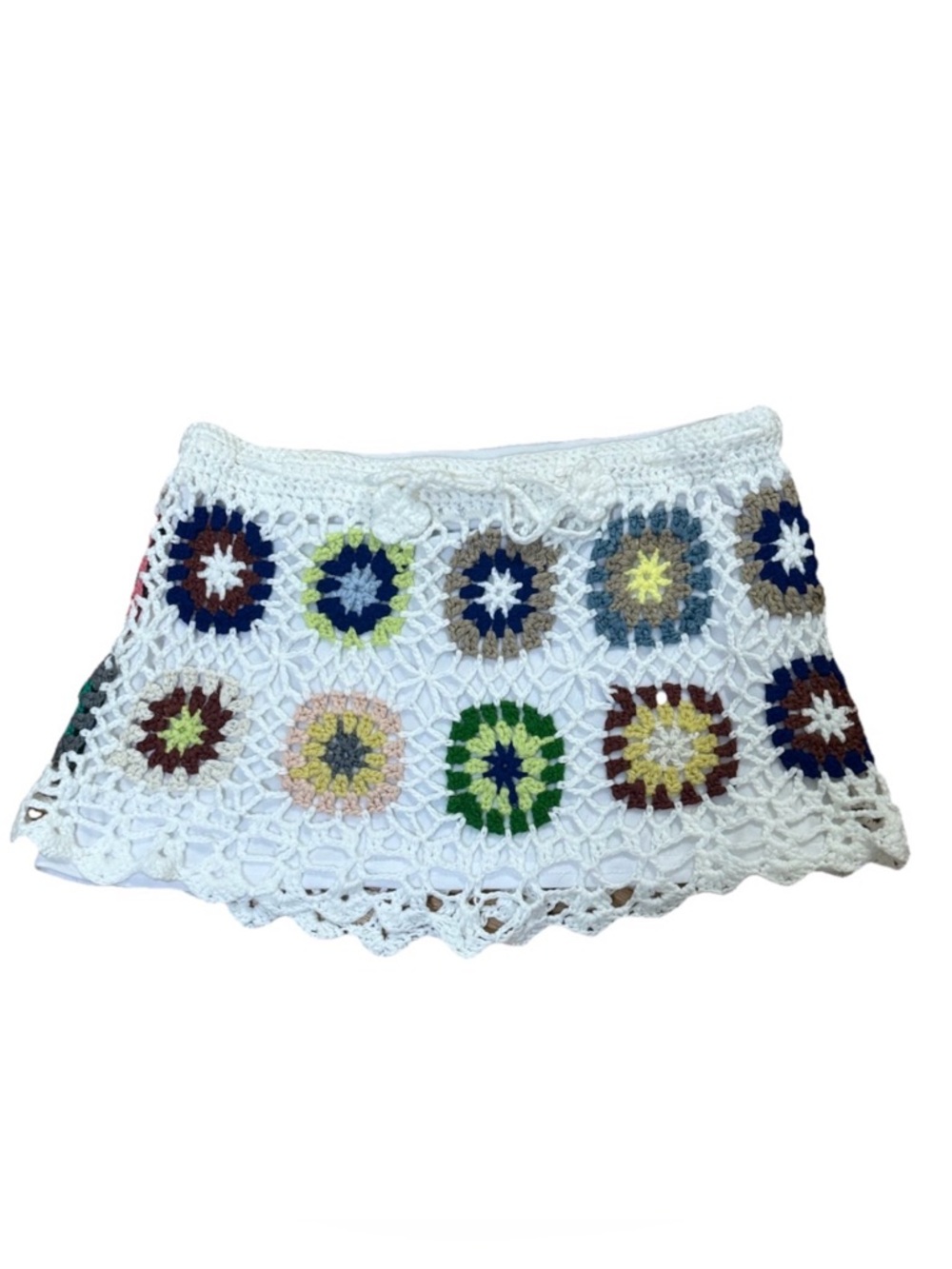 White Crochet Mini Skirt with Multicolor Floral Squares